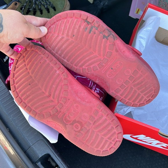 Worn and used Red crocs with gibets on them. As is! Wore them all the time! - Picture 2 of 4